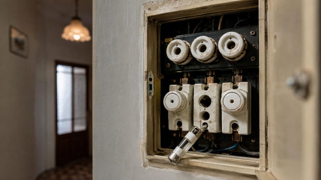 Ancien tableau électrique ouvert avec fusibles en porcelaine dans un couloir