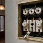 Ancien tableau électrique ouvert avec fusibles en porcelaine dans un couloir