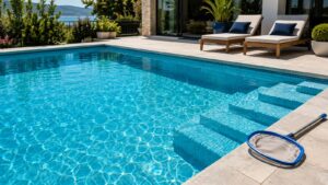 Piscine propre à l’eau claire et limpide, entretenue pour éviter les algues.