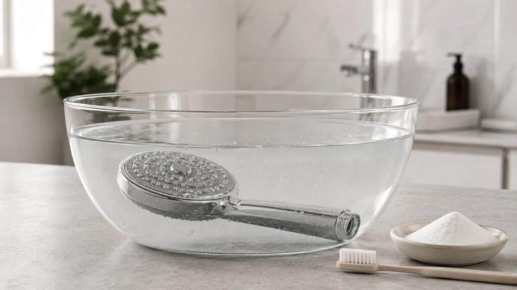 Pommeau de douche entièrement immergé dans une solution d’acide citrique pour dissoudre le calcaire
