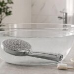 Pommeau de douche entièrement immergé dans une solution d’acide citrique pour dissoudre le calcaire