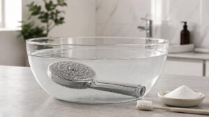 Pommeau de douche entièrement immergé dans une solution d’acide citrique pour dissoudre le calcaire