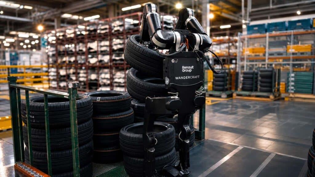 Robot humanoïde Calvin manipulant des pneus dans l’usine Renault de Douai
