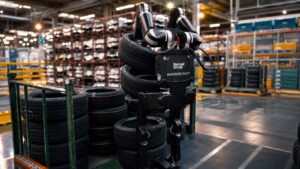Robot humanoïde Calvin manipulant des pneus dans l’usine Renault de Douai