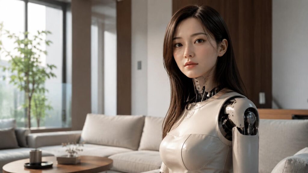 Robot humanoïde au visage réaliste dans un salon moderne, illustrant l’arrivée de compagnons émotionnels dopés à l’IA