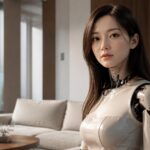Robot humanoïde au visage réaliste dans un salon moderne, illustrant l’arrivée de compagnons émotionnels dopés à l’IA