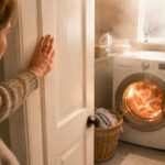 Une femme ouvre la porte d’une buanderie surchauffée pendant le fonctionnement du sèche-linge.