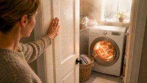 Une femme ouvre la porte d’une buanderie surchauffée pendant le fonctionnement du sèche-linge.