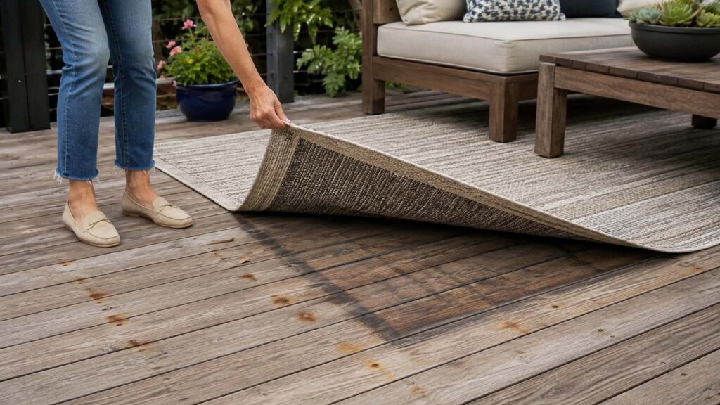 Tapis d’extérieur soulevé révélant des traces sur une terrasse en bois