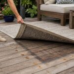 Tapis d’extérieur soulevé révélant des traces sur une terrasse en bois