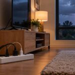 Multiprise parasurtenseur branchée dans un salon pendant un orage