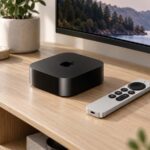 Apple TV et télécommande sur un meuble TV
