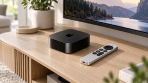 Apple TV et télécommande sur un meuble TV