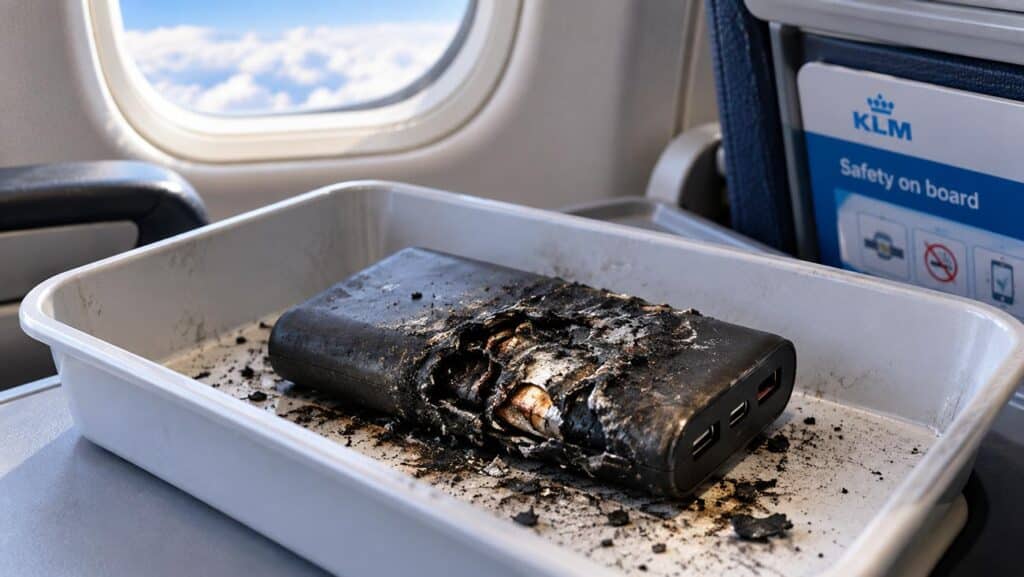 Batterie externe brûlée après un incendie dans un avion KLM