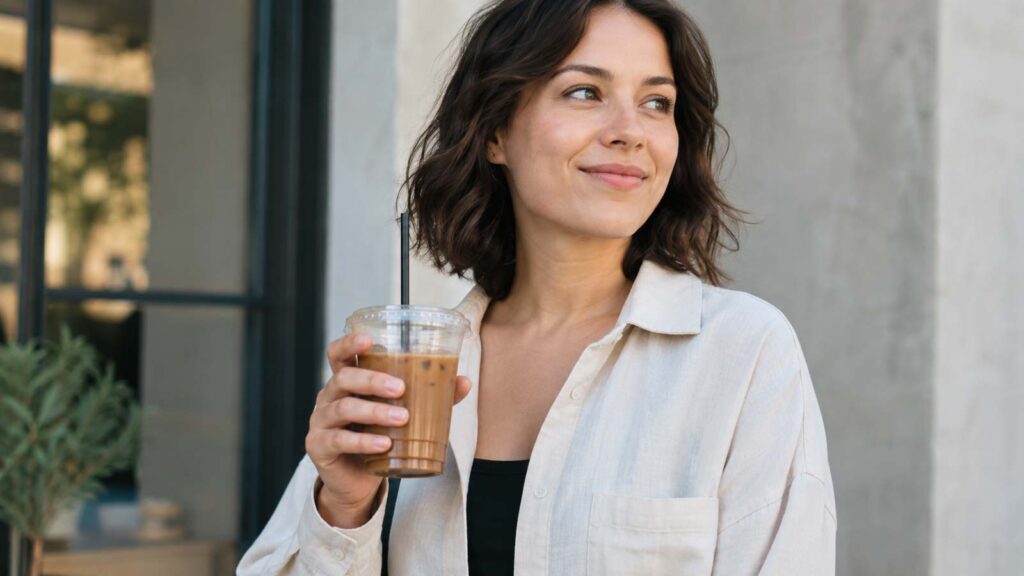 Femme tenant un café dans un gobelet en plastique