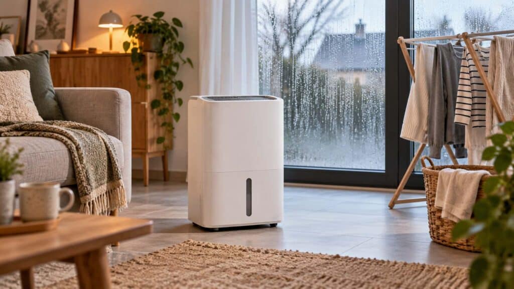 Déshumidificateur dans une pièce humide avec du linge