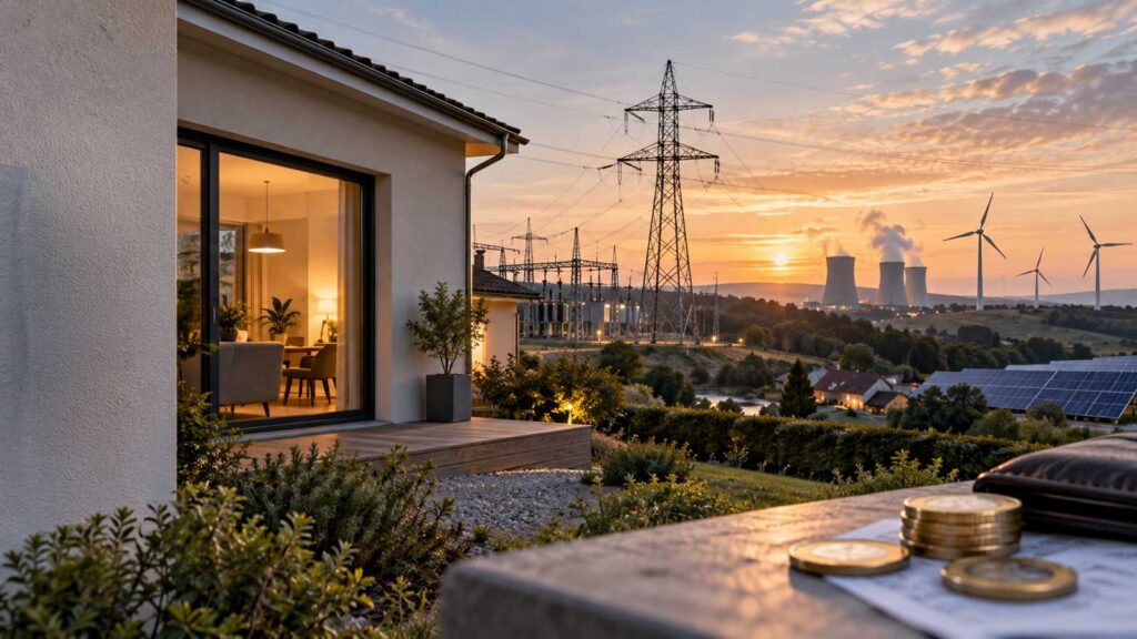 Maison avec compteur électrique face à des infrastructures de production et de transport d’électricité