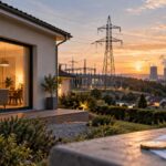 Maison avec compteur électrique face à des infrastructures de production et de transport d’électricité