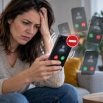 Femme agacée par des appels commerciaux répétés