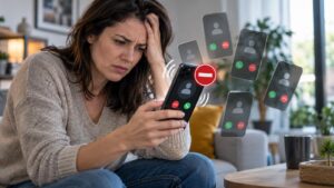 Femme agacée par des appels commerciaux répétés