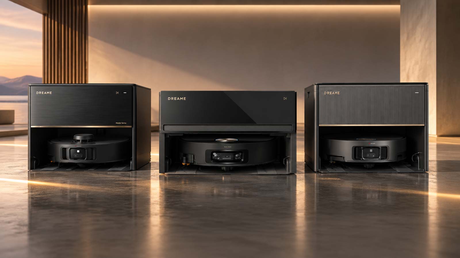 Dreame X40 Master à gauche, X60 Pro Master au centre et X50 Master à droite