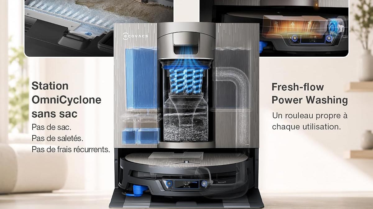 Ecovacs Deebot X12S OmniCyclone dans sa station