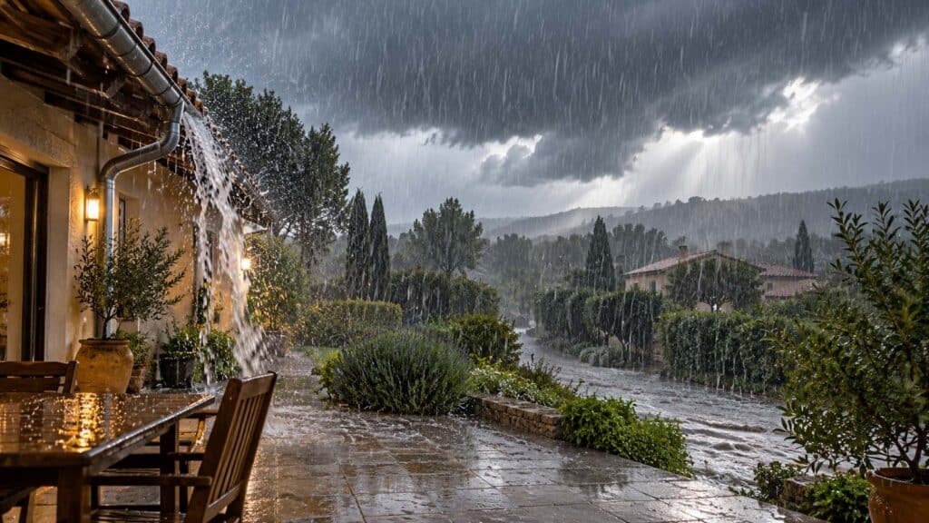 Fortes pluies et ruissellements autour d’une maison lors d’un épisode méditerranéen