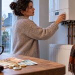 Femme réglant une chaudière à gaz avant l’hiver
