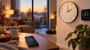 Horloge et objets connectés dans un salon