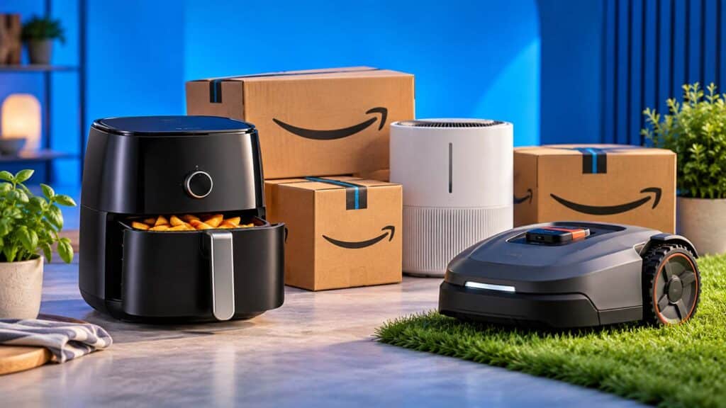 Appareils pour la maison et le jardin devant des colis Amazon avant les Jours Flash Prime