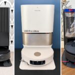 Trois robots aspirateurs laveurs Roborock, Dreame et Dyson avec leurs stations.