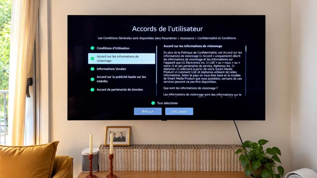 Menu d’un téléviseur LG affichant l’accord sur les informations de visionnage dans les paramètres de confidentialité