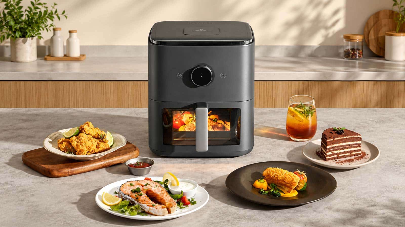 Xiaomi Mijia Smart Steam Air Fryer 7L entouré de différents plats cuisinés