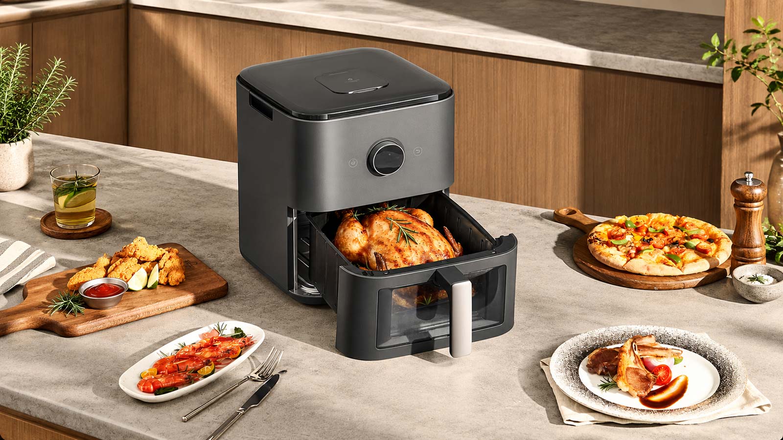 Poulet entier dans le tiroir du Xiaomi Mijia Smart Steam Air Fryer 7L