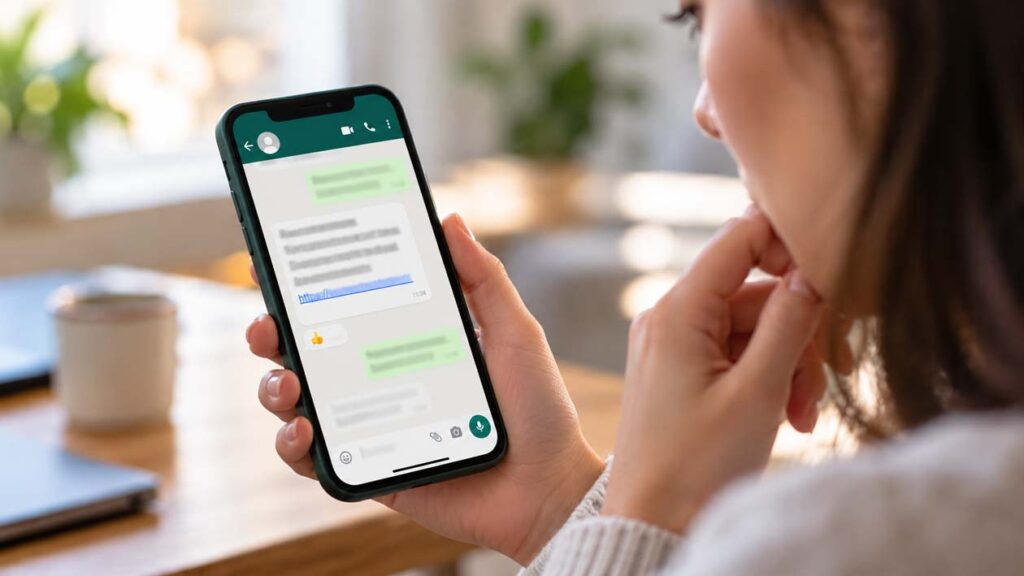 Une femme consulte un message suspect contenant un lien frauduleux sur WhatsApp depuis son smartphone.