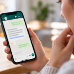 Une femme consulte un message suspect contenant un lien frauduleux sur WhatsApp depuis son smartphone.