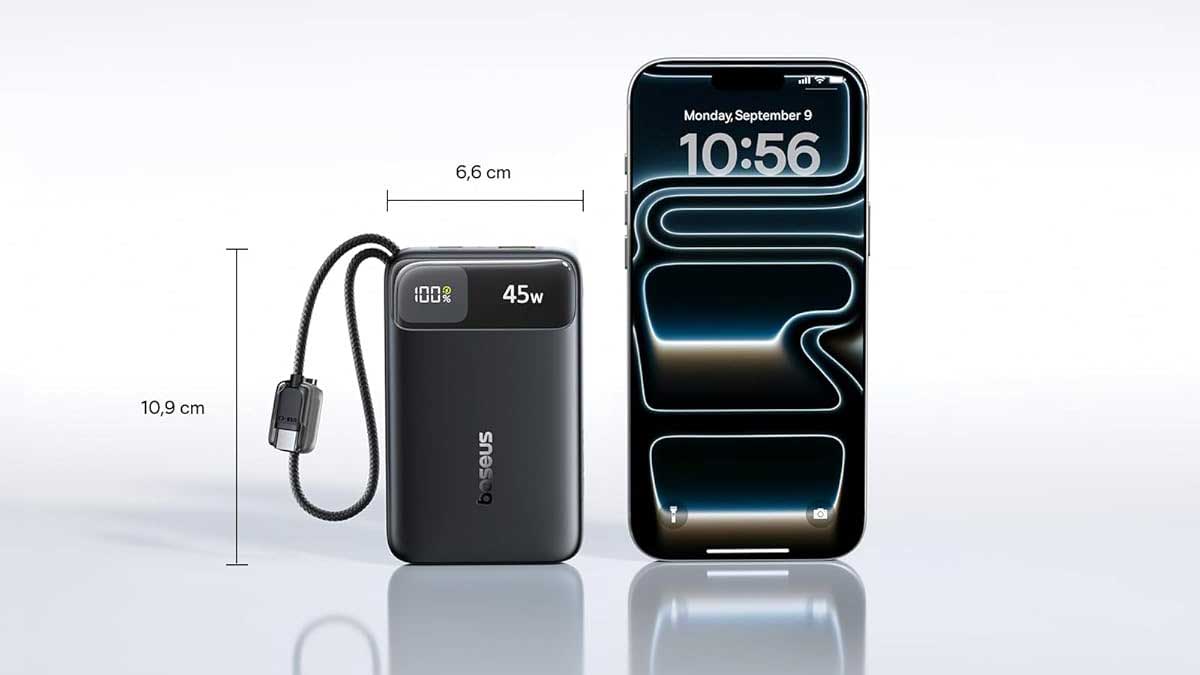 Dimensions de la Baseus EnerFill FC11 à côté d’un smartphone
