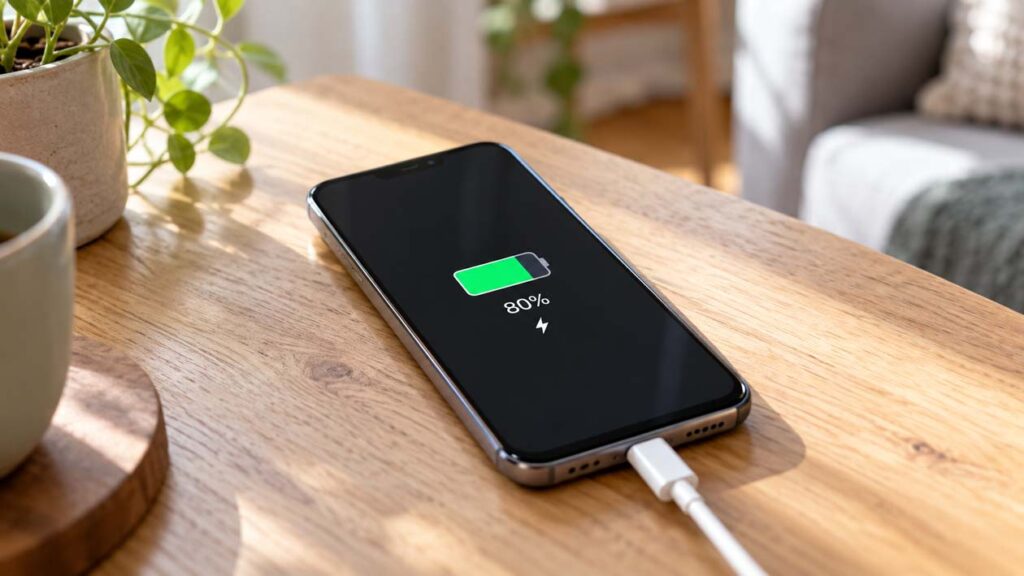 Smartphone en charge affichant 80 % de batterie