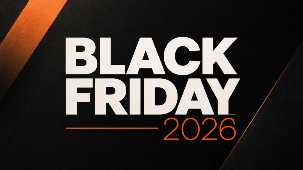Black Friday 2026 sur fond noir et orange