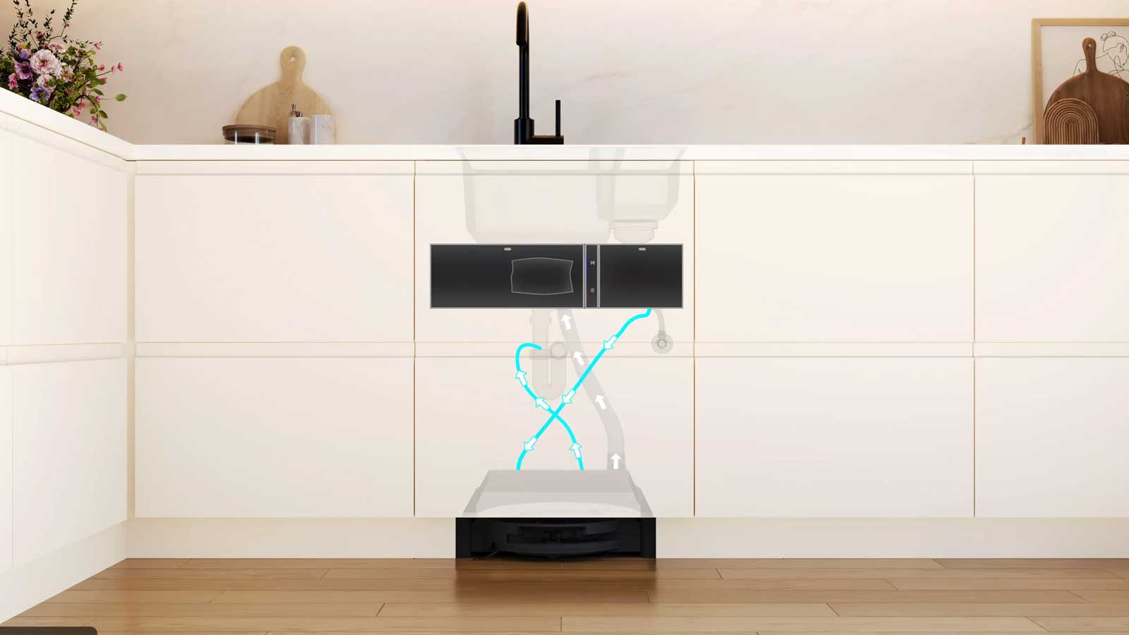 Station encastrable du Bosch BCRI3BX1 installée sous un évier de cuisine