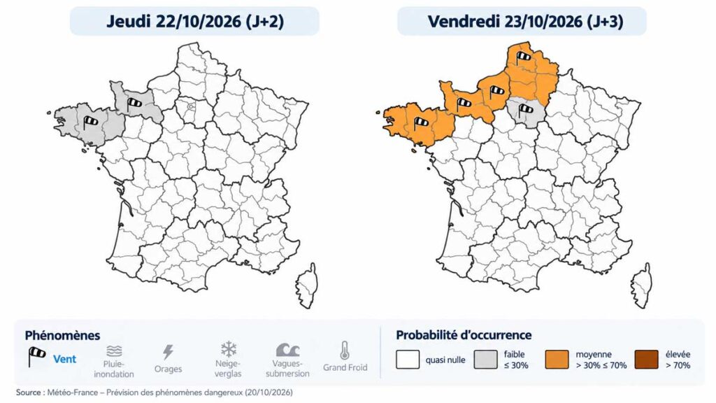 Carte Météo-France des risques de vents violents les 22 et 23 octobre 2026