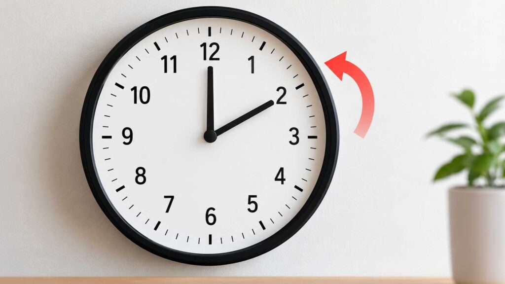 Horloge illustrant le passage à l’heure d’hiver le 25 octobre 2026.