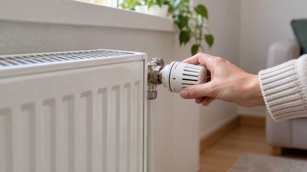 Main réglant le robinet thermostatique d’un radiateur.