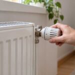 Main réglant le robinet thermostatique d’un radiateur.