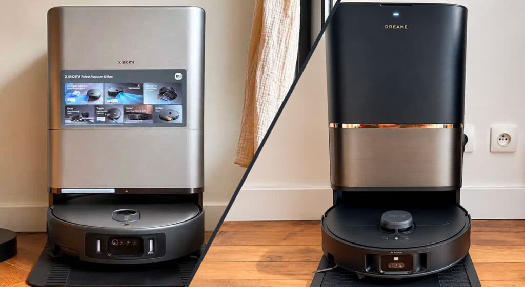 Xiaomi Robot Vacuum 6 Max et Dreame L50S Pro Ultra côte à côte, chacun posé sur sa station de lavage et de vidage automatique
