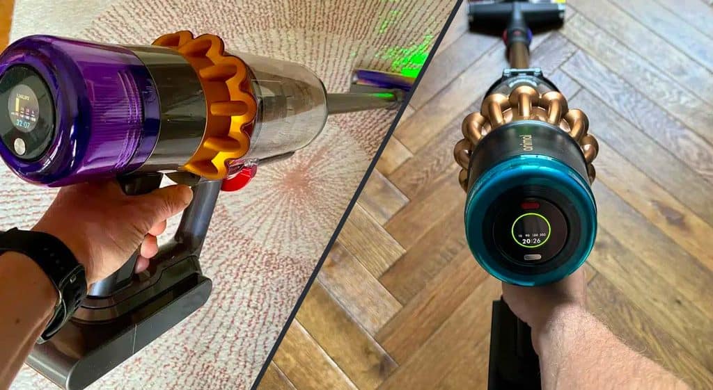 Comparatif Dyson V15 Detect Absolute à gauche et V16 Piston Animal à droite