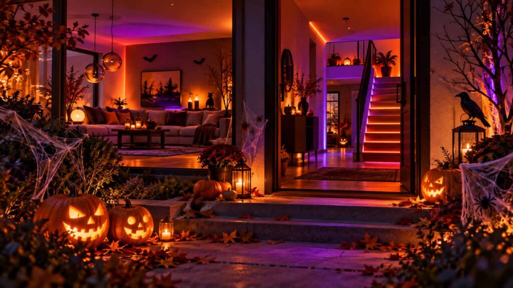 Maison décorée pour Halloween avec éclairage connecté