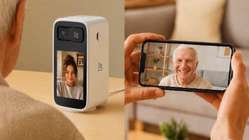 Un appel vidéo entre la caméra et le smartphone d'un proche, dans une mise en scène de Konyks