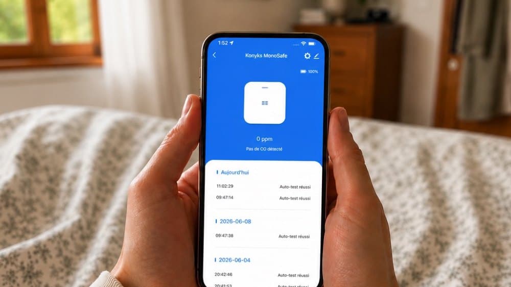 L'application Konyks affiche l'état du détecteur et l'historique des alertes