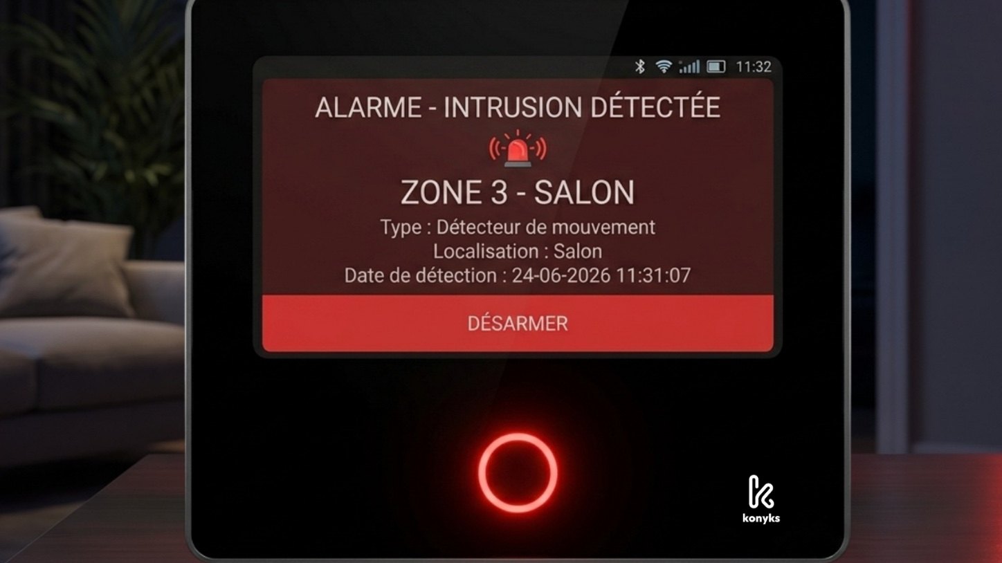 En cas d'intrusion, le panneau affiche la zone et le détecteur concernés